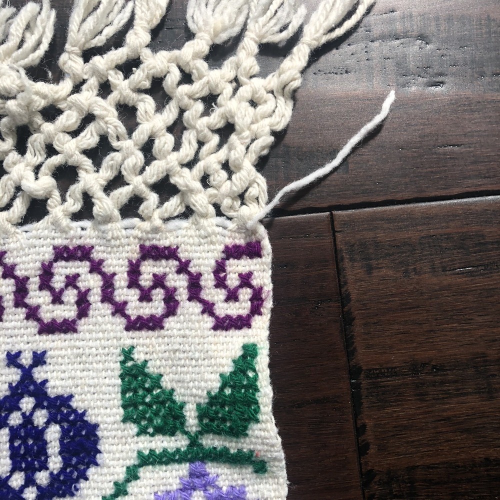 Vintage Hand Knit Floral Lap Blanket Table Runner Fringe Edge MCM 75" x 28" - Picture 6 of 8